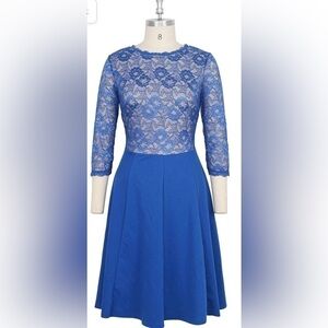 Aamikast Royal Blue Lace Long Sleeve A-Line Cocktail Dress L